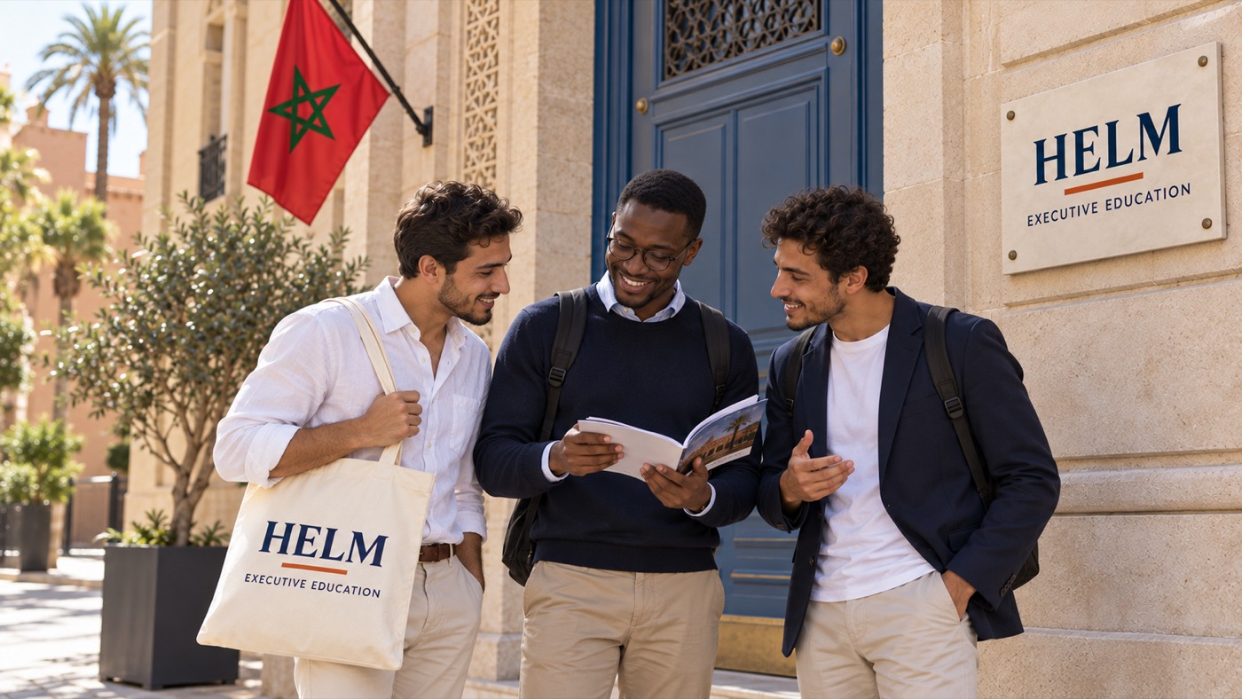 Trois participants HELM consultent une brochure devant l'entrée de l'école